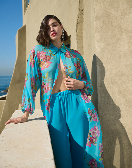 Robe longue en crepe de Chine turquoise Marina Rinaldi